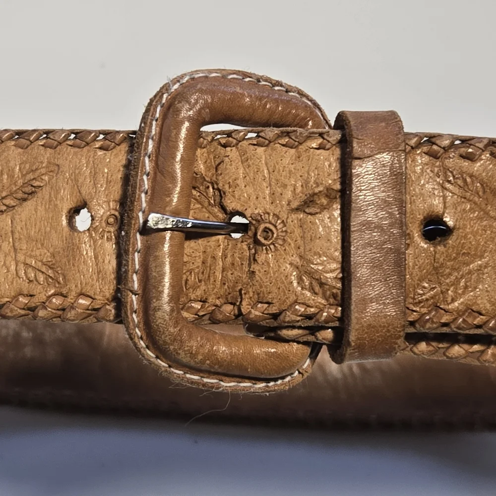 Vintage Guatemalan Handmade Leather & Woven Textile Belt Tan Multicolor Size 30
